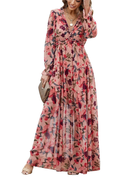 Women's Floral Maxi Dress - Casual Deep V Neck Long Sleeve Evening and Cocktail Party Dress, Size US 8-10 (M)