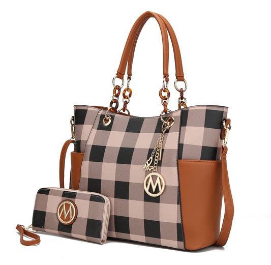 Bonita Checker Women's Tote Bag and Wristlet Wallet Set in Vegan Leather - Cognac