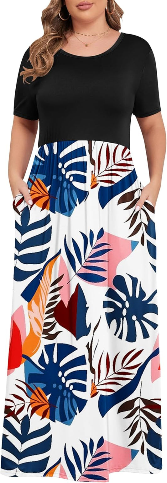 Women’S plus Size Maxi Dresses for Curvy Women Summer Casual Short Sleeve 2025 Long Dress 14W-26W